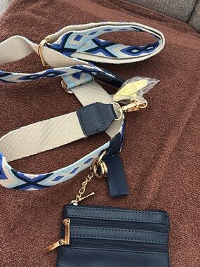 Women's Navy Blue Crossbody Strap Bag with Patterned Adjustable Strap